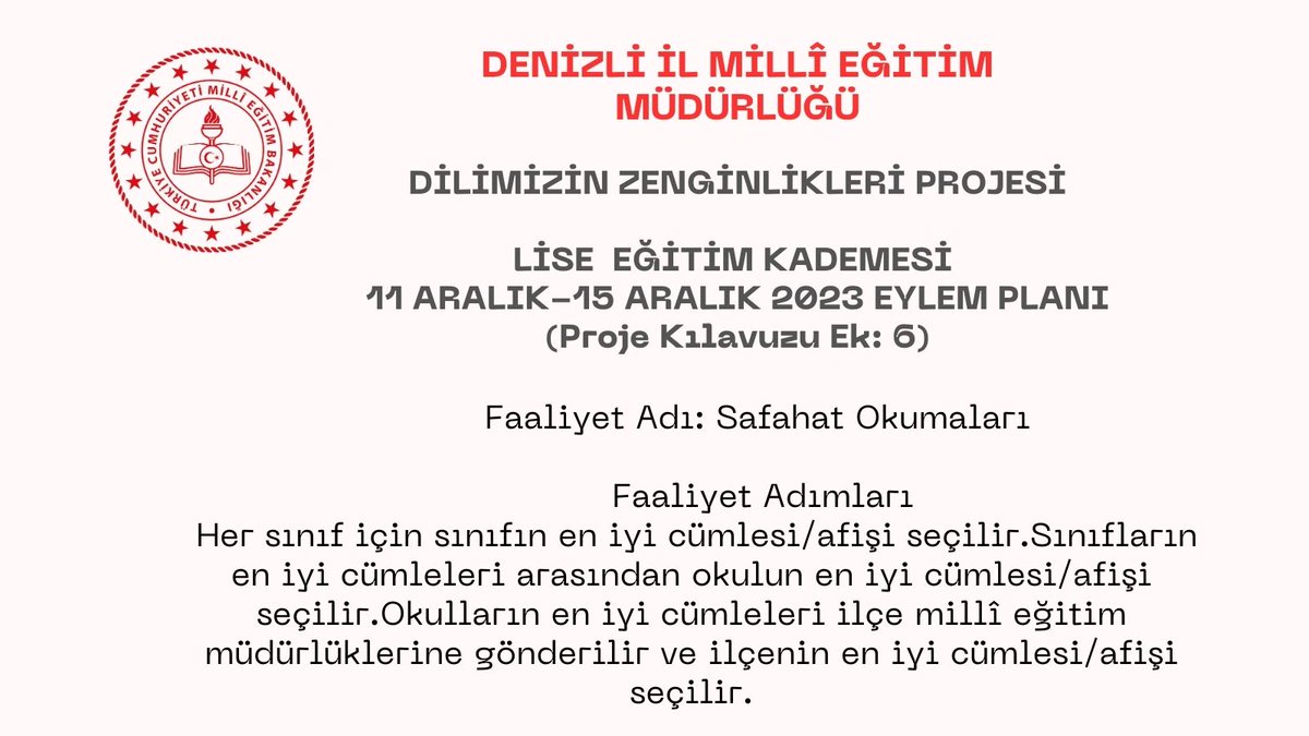 ArgeDenizli's tweet photo. Dilimizin Zenginlikleri" projesi 11 - 15 Aralık haftası etkinlikleri 👇
@tcmeb
@meb_ogm
@denizlimem
@emre_caliskan
@YTEMEL3 https://t.co/hqR3CreO5J
