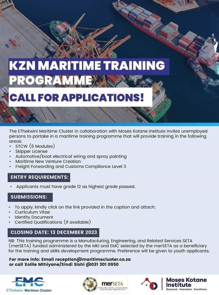 HigherEduGovZA's tweet image. KZN MARITIME TRAINING PROGRAMME

Follow the link below for more information:
maritimeclusterform.co.za