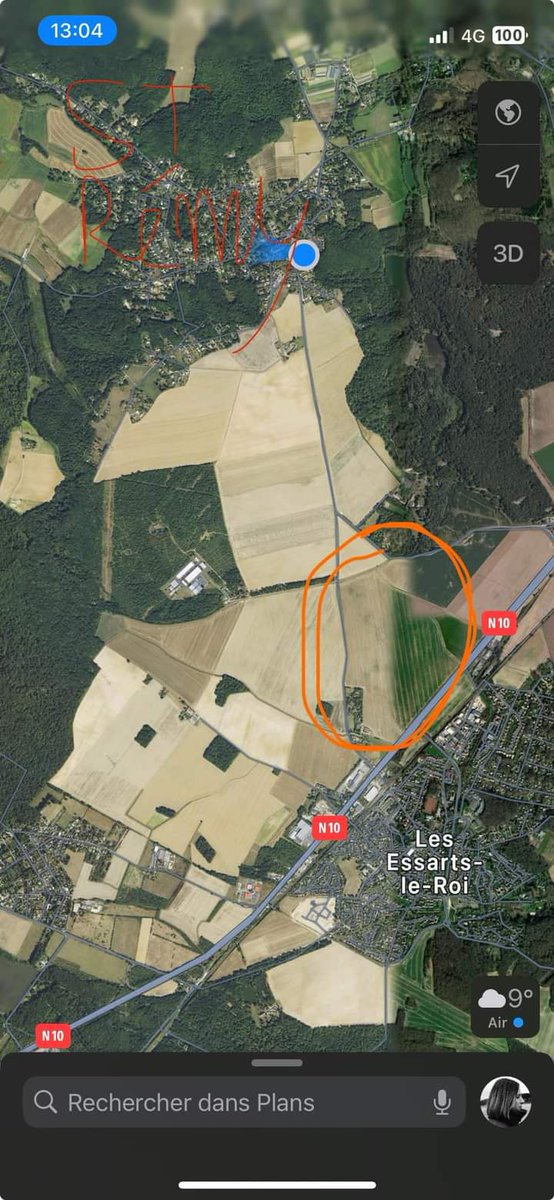 20320Vero's tweet photo. Omora est toujours recherché ⚠️⚠️ Merci de jeter un œil autour de vous si êtes sur le secteur de Saint-Rémy-l'Honoré et les essarts (78). Un Border Collie a été aperçu hier dans les champs vers La N10 (dans le cercle tracé sur la photo) 🙏 https://t.co/2IAuwZfhlT