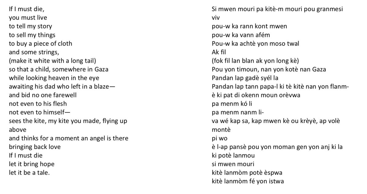 I translated Refaat’s poem into Haitian Creole in honor of his memory and in solidarity with occupied people all across the globe