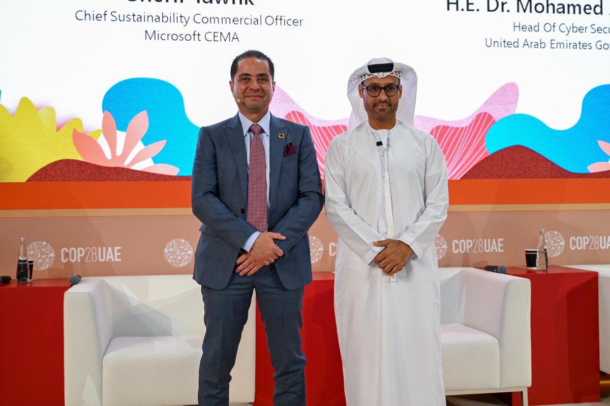 MicrosoftUAE's tweet photo. Microsoft Sustainability Tech Talks have started with H.E. Dr. Mohamed Al Kuwaiti, Head of Cyber Security Council for the UAE Government, discussing the mission to unveil the intersection between technology and sustainability.
@cscgovae @COP28_UAE #COP28UAE #MicrosoftMEA https://t.co/pU0ocX0cOi