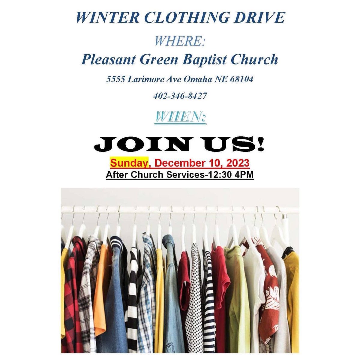 ProjAssistInc's tweet image. REMINDER: Pleasant Green Baptist Church is hosting their annual Community Clothing Giveaway after service today. We hope to see you there. 

Spread the word! 🧤🧣👖🧥👕🧦👔

#GivingBackTogether #Omaha