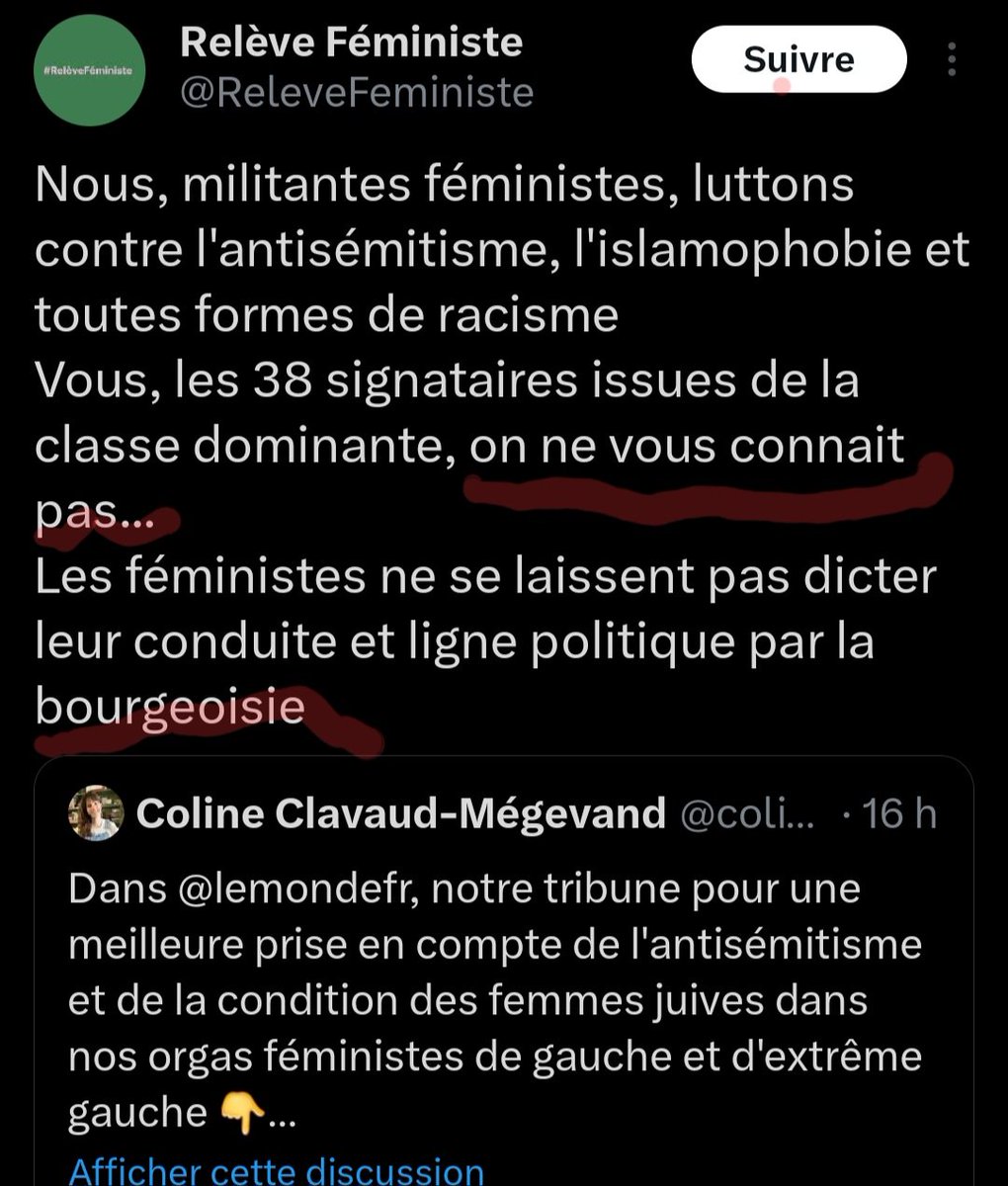 Coucou @ReleveFeministe ôtez moi d'un doute. 1. Doit on vous demander la permission pour lutter 2. Connaissez vous toutes les féministes 3. Les bourgeoises n'ont il plus le droit de dénoncer les violences sexuelle Ou bien votre pb c'est juste l'#antisemitisme