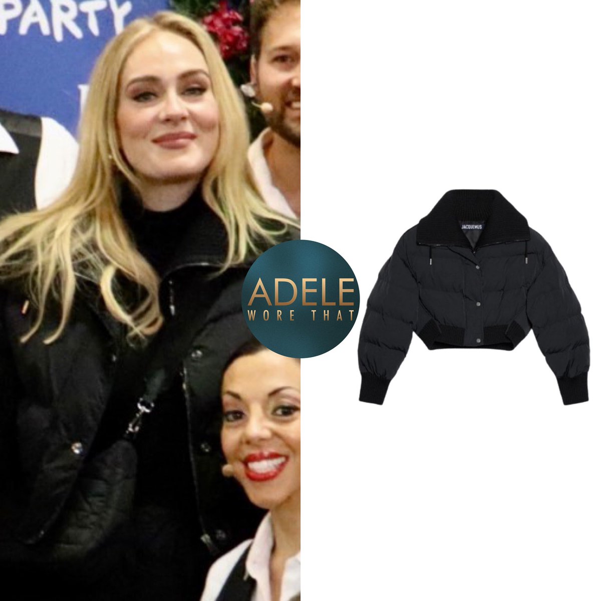 adeleworethat's tweet image. 10|12|23 Adele with the cast of Mamma Mia The Party! In London sometime last week.

In typical Adele in London fashion she chose to stay warm and cozy. 
Adele is wearing the Caraco puffer by @jacquemus £1445 pairing it with the padded Re-nylon shoulder bag by @prada £1750