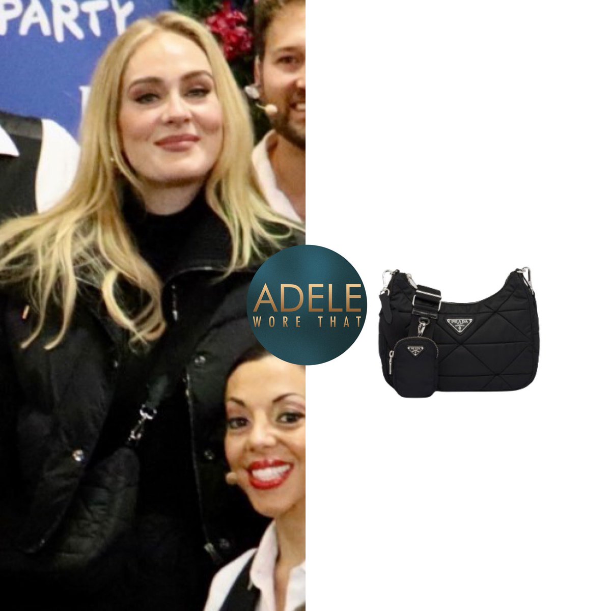 adeleworethat's tweet image. 10|12|23 Adele with the cast of Mamma Mia The Party! In London sometime last week.

In typical Adele in London fashion she chose to stay warm and cozy. 
Adele is wearing the Caraco puffer by @jacquemus £1445 pairing it with the padded Re-nylon shoulder bag by @prada £1750