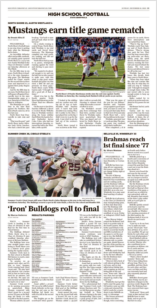 𝐃𝐈𝐒𝐓𝐑𝐈𝐂𝐓 𝐓𝐖𝐄𝐍𝐓𝐘-𝐖𝐎𝐍 District 21-6A rivals North Shore (@NSNationFB) and Summer Creek (@SC_BulldogFB) will both play for #UILState championships. Full coverage here: houstonchronicle.com/texas-sports-n… E-edition here: digital.olivesoftware.com/olive/odn/hous… ✍️ : @densilva02, @MarcG14Line