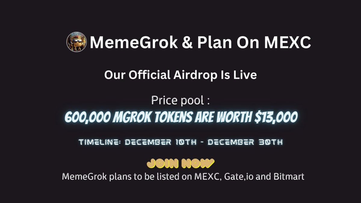 cryptogems555's tweet photo. HOT launch for the upcoming #MemeSeason

$MGROK #MemeGrok @MGROK_ERC20 on ETH

They are running a nice #Airdrop right now

👇👇

https://t.co/p0aH2ZDu63

U can earn 500 MGrok tokens

https://t.co/XOoc8ZhtBy

Airdrop rewards will be distributed Jan 12 2024

#MGrok $MGROK #Airdrop #Gate #MEXC #Lbank #Bitmart