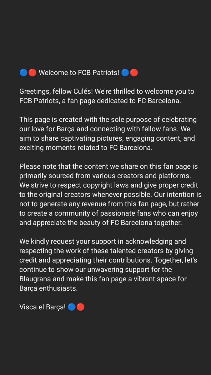 FCBPatriot's tweet photo. 🔵🔴 FCB Patriots Fan Page Updates! 🌟 Embrace Barça Passion with our Disclaimer, Respect Content Creators with Proper Attribution, and Join the Engaging Culé Community. Thank you for being part of the journey! Visca el Barça! 🔵🔴 #FCBPatriots #BarçaLove https://t.co/MU0ZHBX4c8