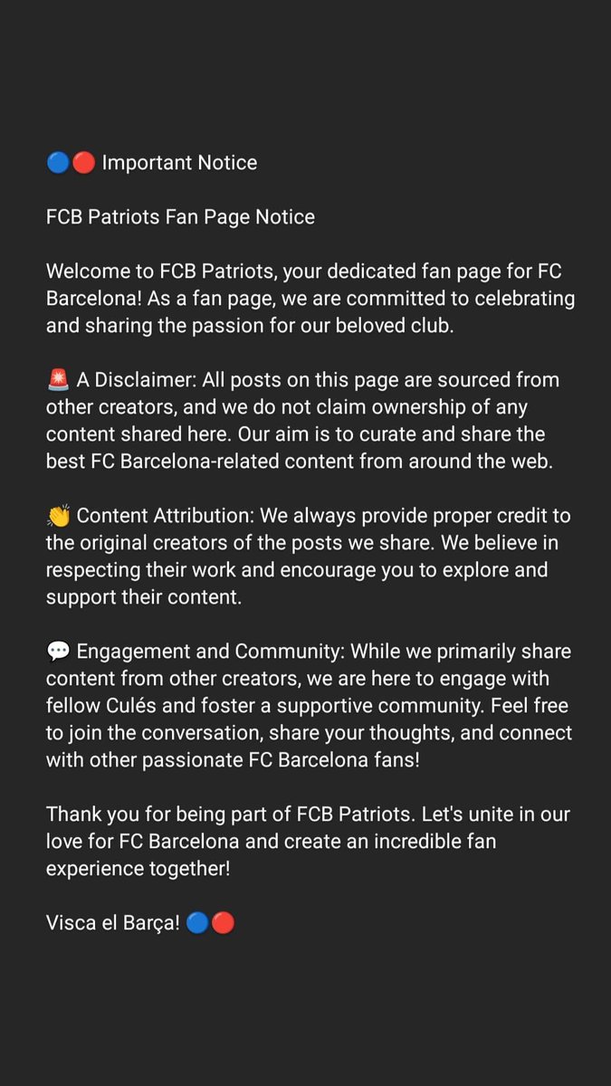 FCBPatriot's tweet photo. 🔵🔴 FCB Patriots Fan Page Updates! 🌟 Embrace Barça Passion with our Disclaimer, Respect Content Creators with Proper Attribution, and Join the Engaging Culé Community. Thank you for being part of the journey! Visca el Barça! 🔵🔴 #FCBPatriots #BarçaLove https://t.co/MU0ZHBX4c8