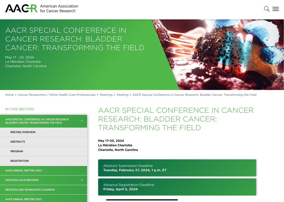AACR special conference on bladder cancer. I hope to see many of you in Charlotte 17-20 May 2024. Mark you calendars now - we have a strong speaker lineup already @Dan_Theodorescu @drdonnahansel @TCMZuiverloon @AACR aacr.org/meeting/aacr-s…
