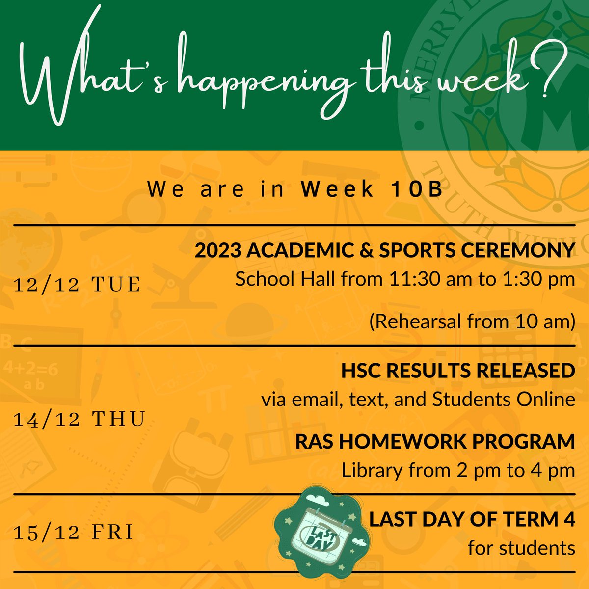 We are in the home stretch, the final week of school! Our 2023 top achievers in the classroom and on the field will be recognised in the Academic &amp; Sports Ceremony 🧑‍🎓🏃 on Tuesday before students finish the school year on Friday. 🎉🎆 Teachers finish on 19/12.