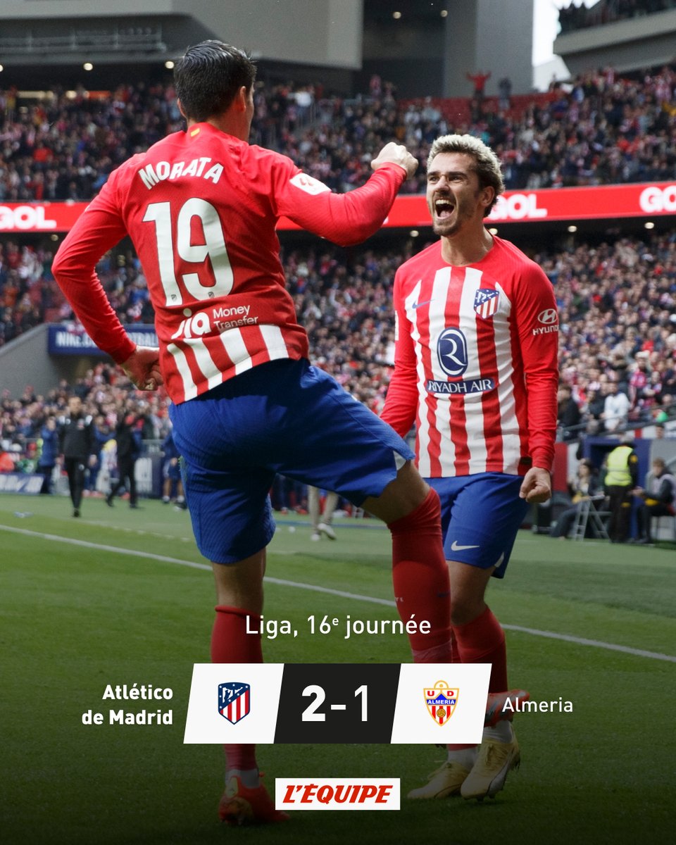 Au terme d'un match très plaisant entre deux équipes joueuses, l'Atlético l'emporte grâce à des buts de Morata et Correa. Tout n'a pas été facile néanmoins pour les Colchoneros, bien bousculés par une valeureuse formation d'Almeria. ow.ly/OMar50Qh8kx