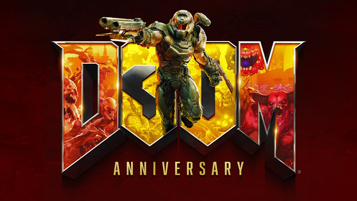 Image of the iconic ‘DOOM’ logo, however the middle letters, “OO” have been replaced by, “30” to symbolize the 30th Anniversary of DOOM. The DOOM Slayer with his iconic double barrel shotgun and green Praetor Suit Armor is posed as popping out of the logo to seek out new demons to slay. Within the ‘D30M’ logo letters and numbers themselves, there’s an orange, yellow and red colored gradient which highlights a slew of fearsome demons and locations, all from different iterations of the storied DOOM franchise. Just below the ‘D30M’ logo, is the word “ANNIVERSARY” in a gradient shade of gold. 