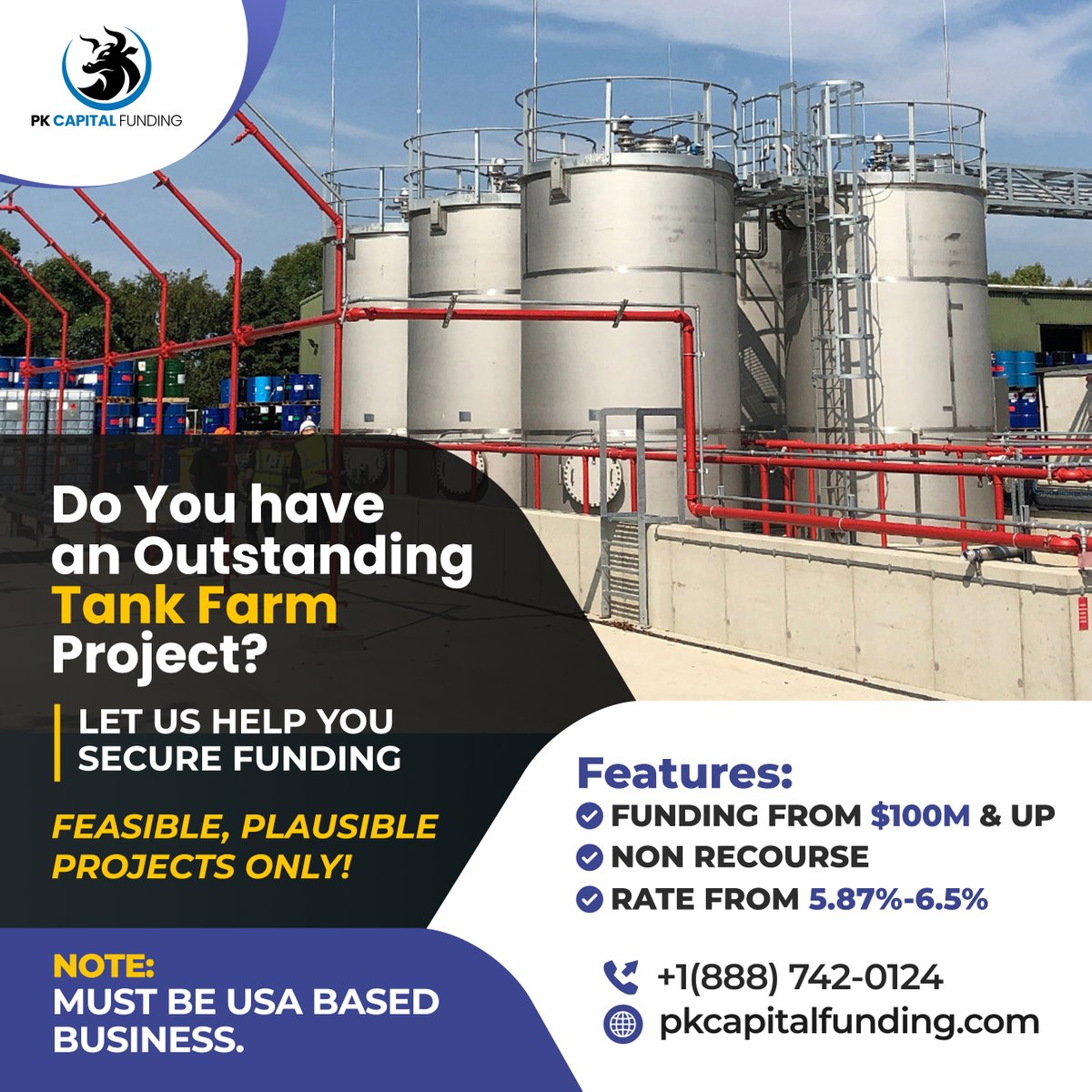 pkcapital2023's tweet photo. DO YOU HAVE AN OUTSTANDING TANK FARM PROJECT?
LET US HELP YOU SECURE FUNDING FROM $100M and up.

Note: It must be USA based business

Call Us: 267-266-0797
Learn more: https://t.co/RLu6KcqOiT

#pkcapital
#pkcapitalfunding
#funding
#tankfarm
#outstandingproject https://t.co/Ph0fz2zg6m