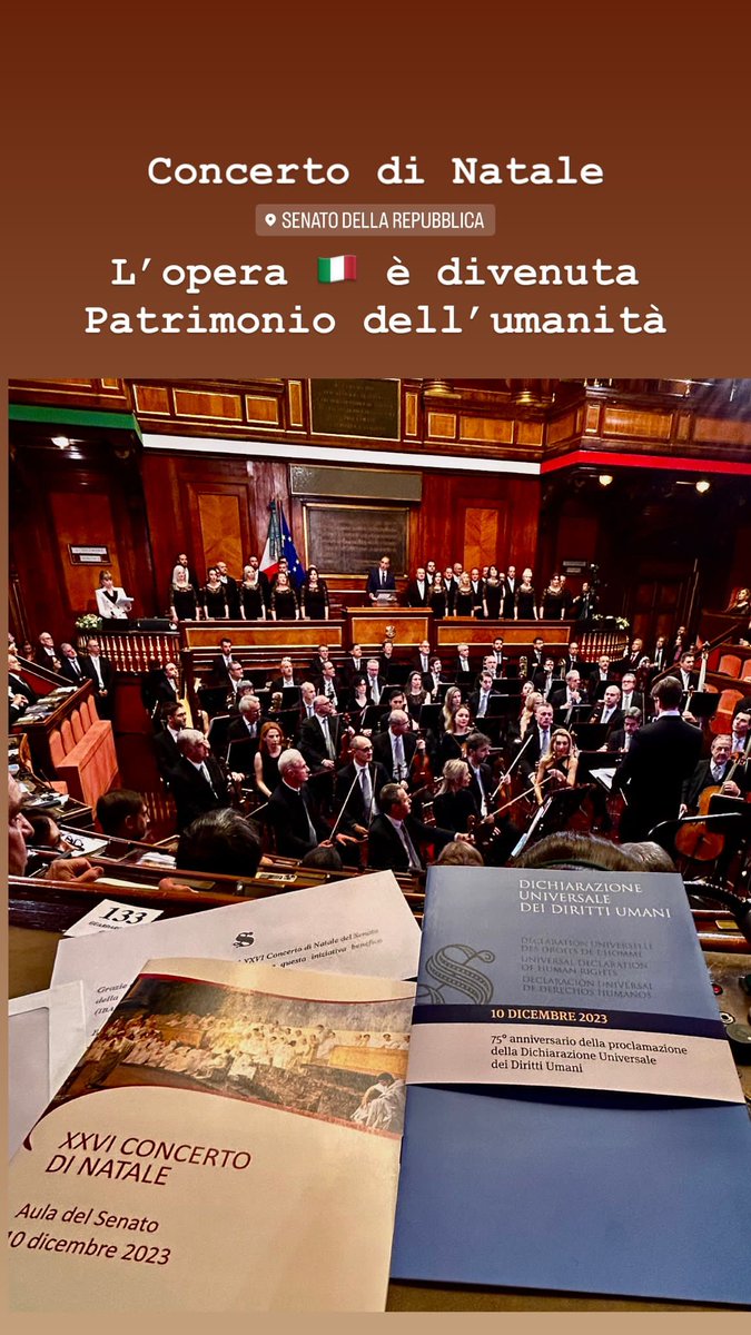 Uno straordinario #ConcertoDiNatale al #SenatoDellaRepubblica, per celebrare anche un momento storico per la Cultura della nostra Nazione . L''Opera Italiana è  stata riconosciuta dall' #UNESCO come Patrimonio dell'umanità; grazie al Governo di @GiorgiaMeloni , con l'azione