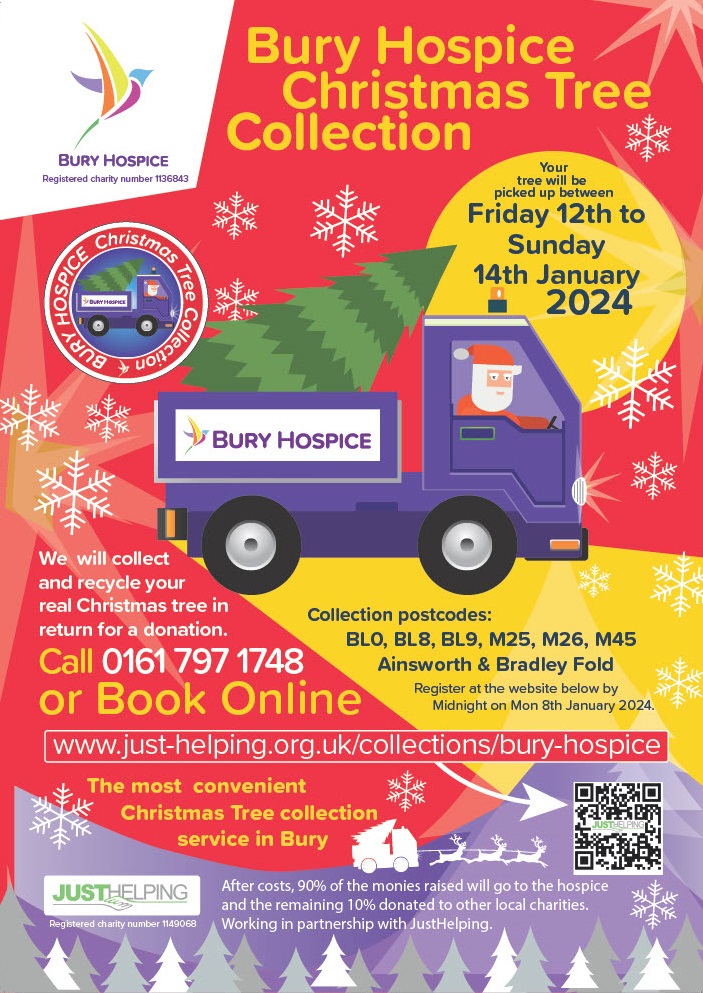 You can register to have your real Christmas tree collected between 12th-14th January 2024. 

To register, head to: buryhospice.org.uk/events/christm…

All you have to do is enter your postcode for the Bury Hospice section with all further details.