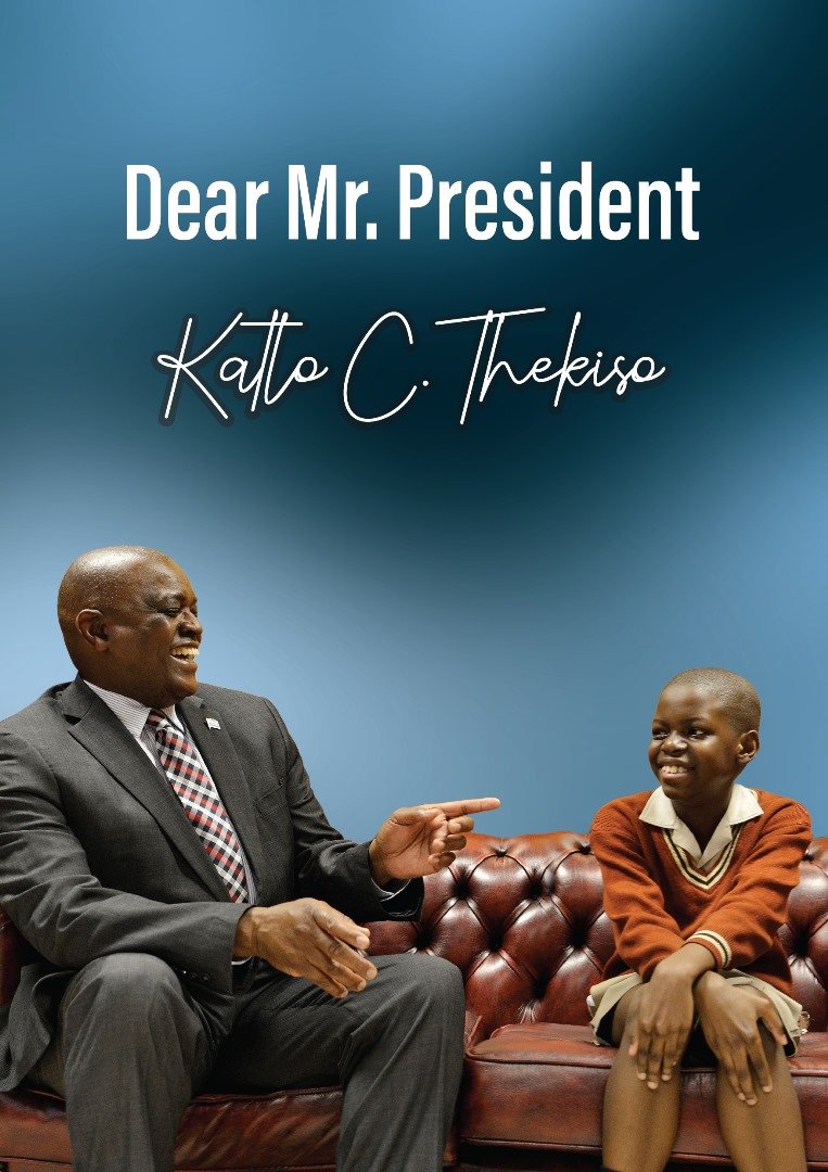 The cover picture on F2 captures a chat Katlo Thekiso, a two-time 12-year old child author, had with H.E Masisi about the plot of his 2nd &amp; newly released children's book, The Farmer &amp; The Porcupines (F1). We published Katlo's 1st book, Dear Mr President, in 2021 when he was 10.