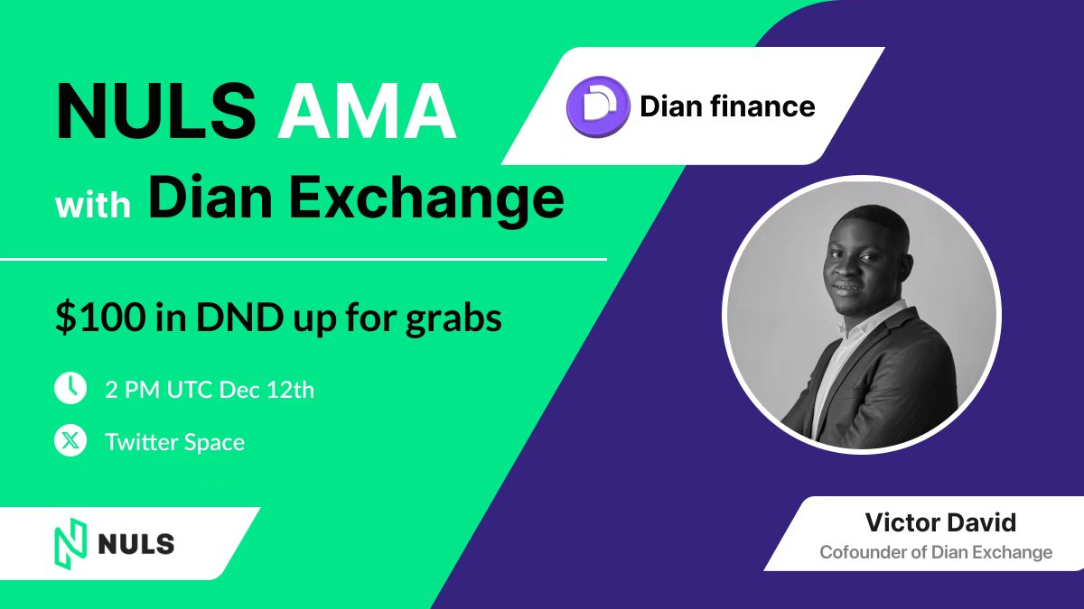 SCO Talk with @DianFinance 👏 

⏲️ Dec 12th at 2pm UTC
💸$100 in $DND tokens up for grabs
👥 Guest: Victor, the CoFounder of Dian exchange

Retweet, 🩷, and drop a question below. 10 winners will split $100 rewards

Set a reminder ⤵️
x.com/i/spaces/1OdJr…