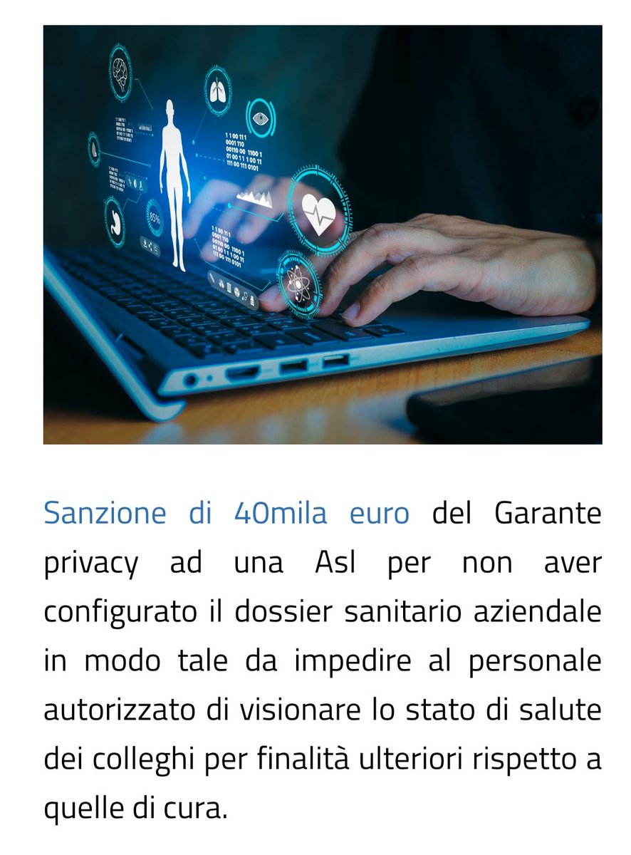 equipeprivacy's tweet photo. Dossier sanitario

#Garanteprivacy: accessibile solo per ragioni di cura
Sanzione ad Asl per 40 mila euro
#dataprotection
#CyberSecurity
#gdpr

https://t.co/KxWwZaocUy https://t.co/ij1ApsIgyB