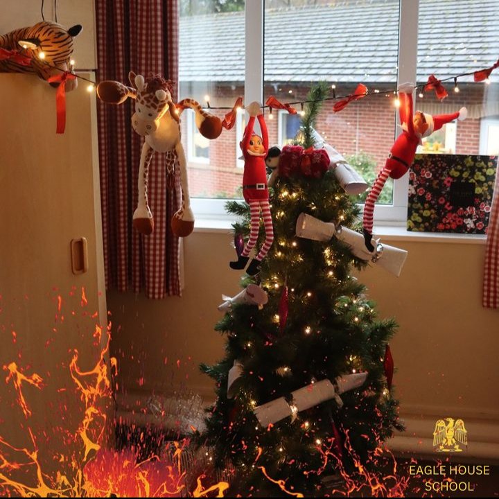 Day 10: Agnes and Ian have been playing 'The Floor is Lava' with some of the other toys at Eagle House. Let's hope they all survive the weekend! #eaglehouseschool #berkshireprepschool #prepschool #festivities #elfoftheshelf #AI