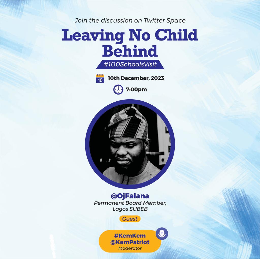 AdekunleAbolaj1's tweet photo. Talking about the LASG trajectory on Leaving No Child Behind.  Join Hon. @Ojfalana tonight at 07pm on

An Opportunity to x-ray his ongoing *#100SchoolsVisit* , and how it is in line with the T.H.E.M.E.S+ agenda for a rising greater Lagos. 

Moderator; @KemPatriot https://t.co/m36KZkSiNT