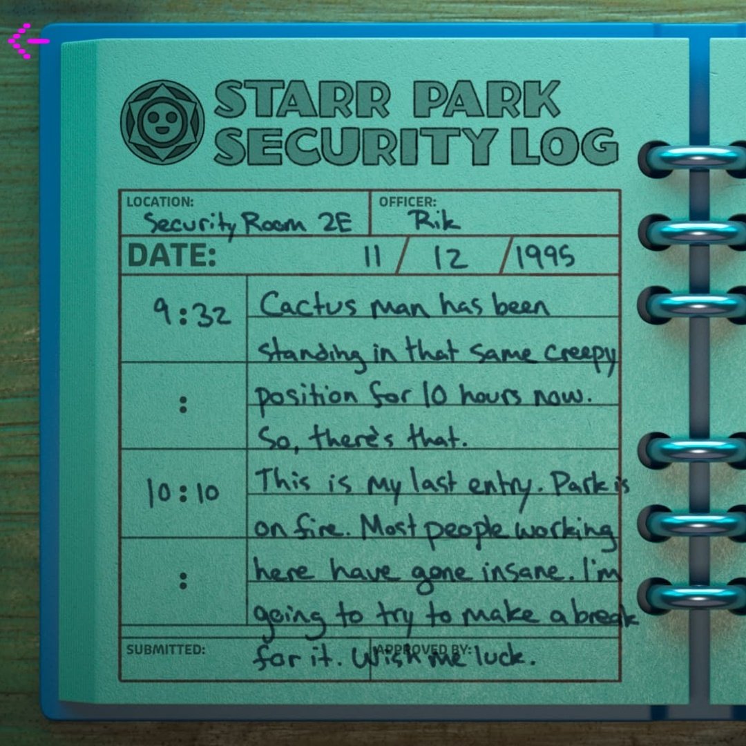AndezNewz's tweet photo. TWEET DE LORE:

Notas de Rik, 11 de Diciembre, año 1995.

9:32 - "El hombre cactus ha estado de pie en esa misma pose tenebrosa por 10 horas.

Este es mi último apunte. El parque está en llamas. Muchos de los empleados han caído en la locura. Intentaré escaparme de aquí. Deseadme suerte."

#BrawlStars #StarrParkCCTV