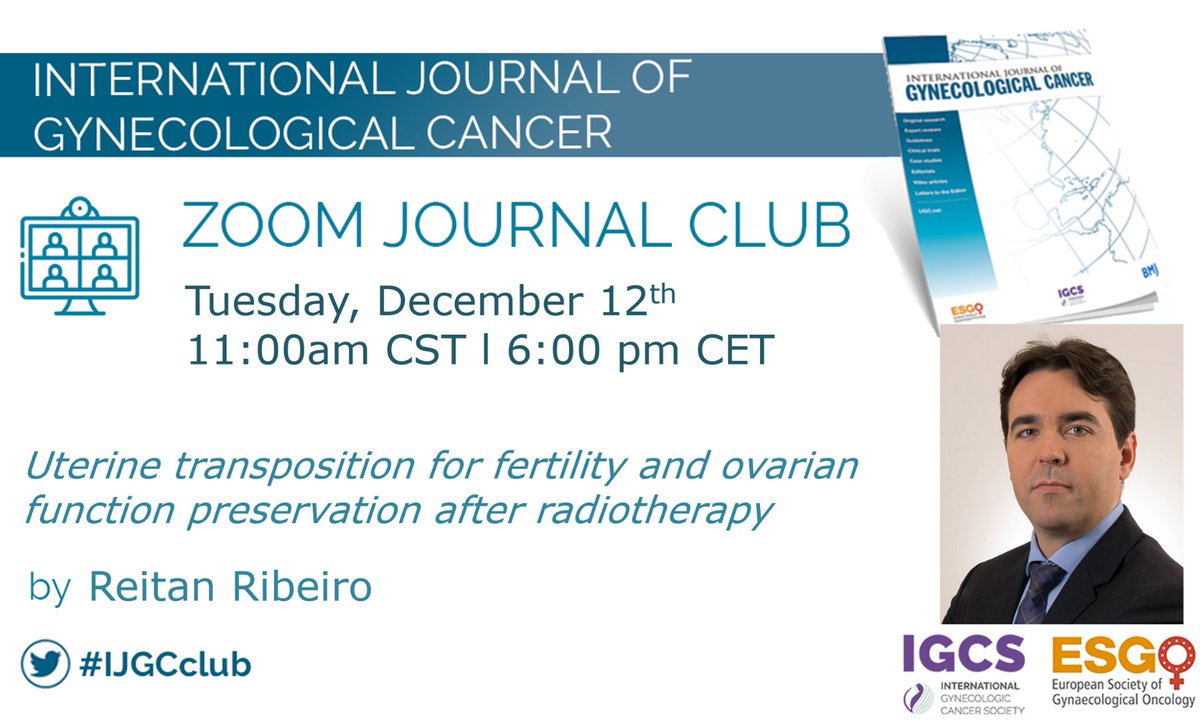 Join us #IJGCclub 📆Dec 12 ⏰11am CST/6pm CEST Dr. @reitanribeiro will discuss about #UterineTransposition for fertility and ovarian function preservation after radiotherapy Zoom link💻 bit.ly/3SVFcvy Article @ bit.ly/4a7ccHG Editorial @…