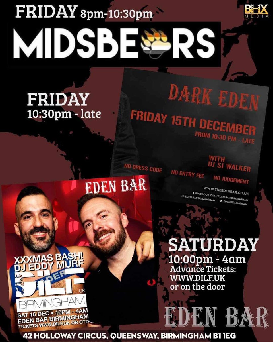 This weekend at Eden, get into the festive spirit with 2 great packed nights! Friday, Midsbears followed by Dark Eden. Saturday, DILF!