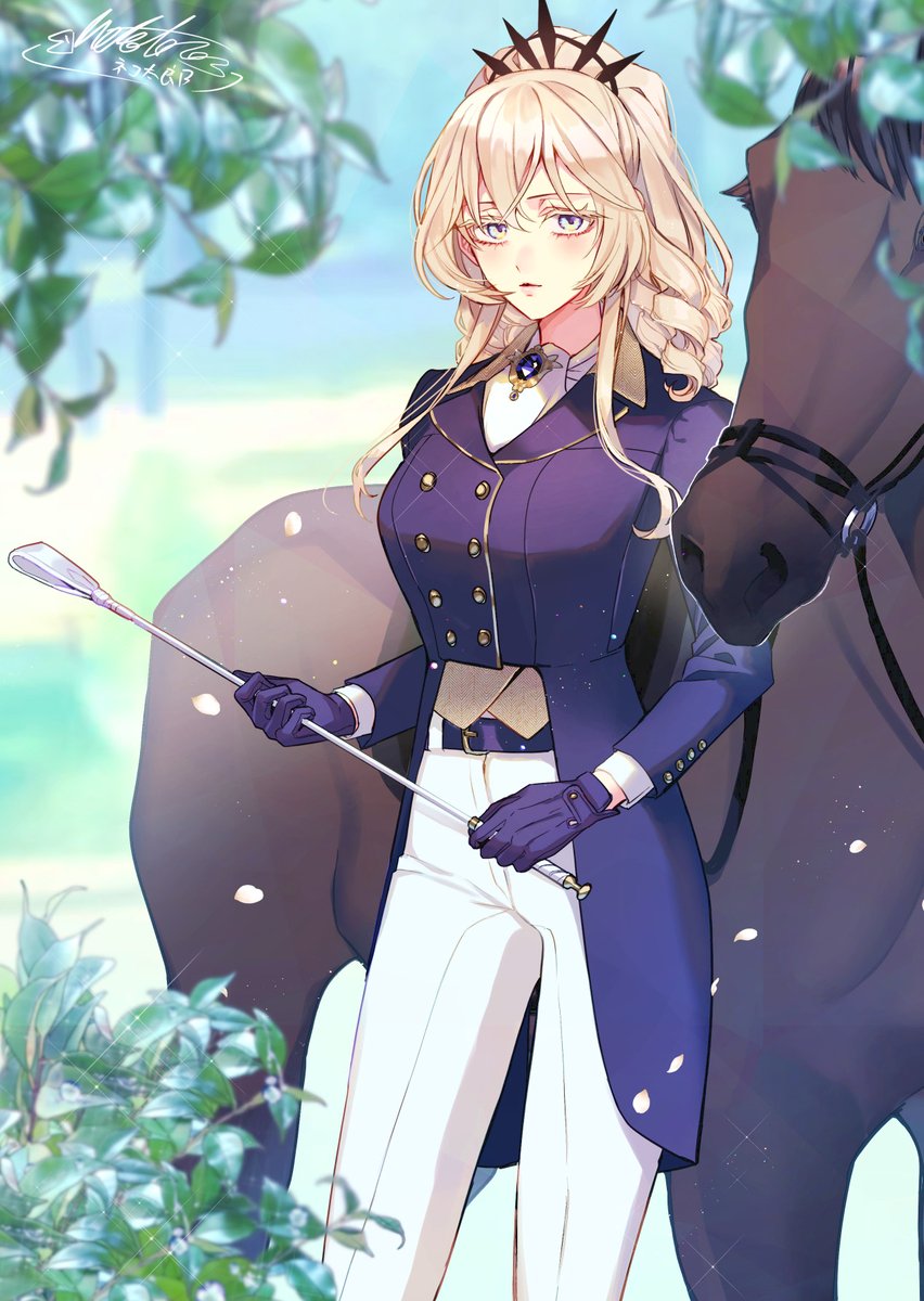 jean (genshin impact) 1girl blonde hair gloves horse white pants pants riding crop  illustration images