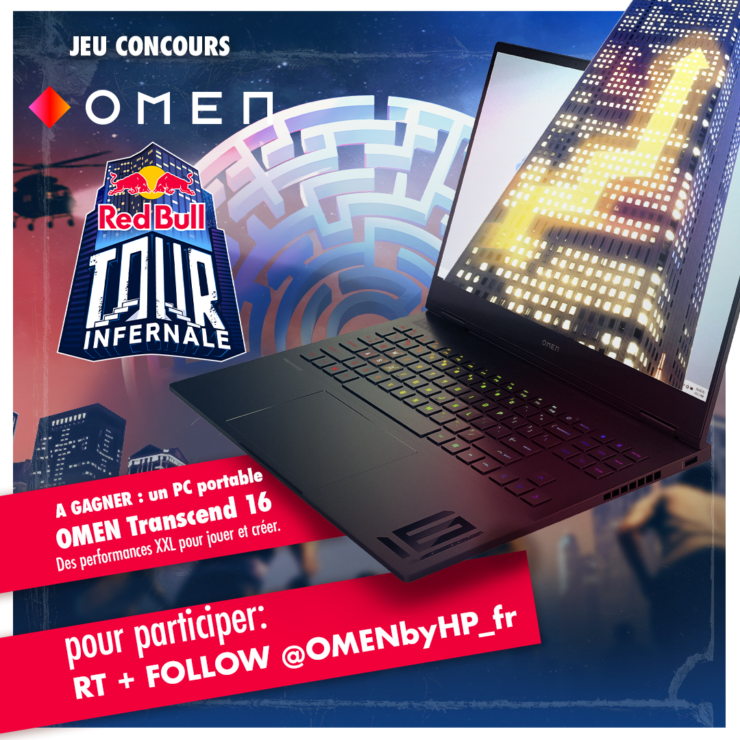 🎁 JEU CONCOURS Red Bull Tour Infernale 🎁 On te fait gagner un PC portable gaming Omen Transcend 16 💻 Pour participer : 👉 RT ce post 👉 Follow @OMENbyHP_fr TAS le 5/12