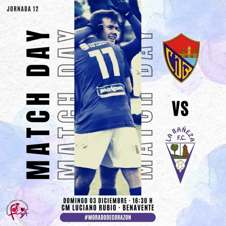 LaBanezaFC_'s tweet photo. 🟣MATCHDAY🟣

Jornada 12

Partido complicado ante un rival que siempre nos pone en dificultades.

Nos enfrentamos a  @cd_benavente con el objetivo de seguir sumando 

VAMOS BAÑEZA 💪🏼⚽️💜

🏆 1a Regional Aficionados
🗓 Domingo 03 
🕟 16:30H
🏟 CM Luciano Rubio

#moradodecorazón https://t.co/UdQtHD3Jir