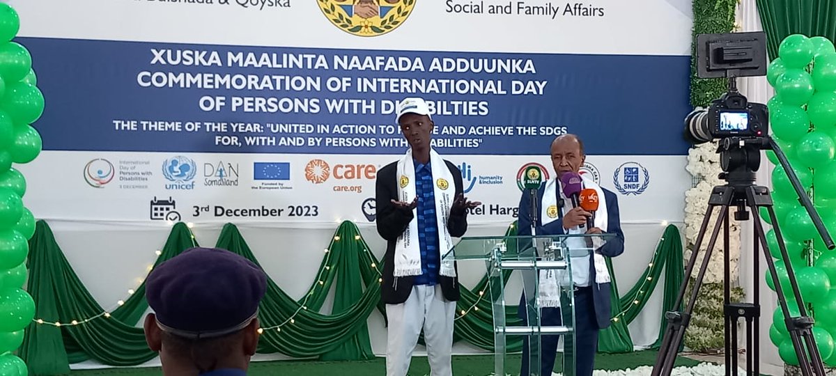 DANSomaliland1's tweet photo. International Disability Day 2023 was commemorated in Hargeisa under Ministry of Employment, Social Affairs and Family (MESAF).The event , held in Mansor Hotel, was participated by Ministers of MESAF, Justice, Interior, and Religious Affairs. DAN &amp; + agencies co-organized it! https://t.co/KuVk6zyPsk