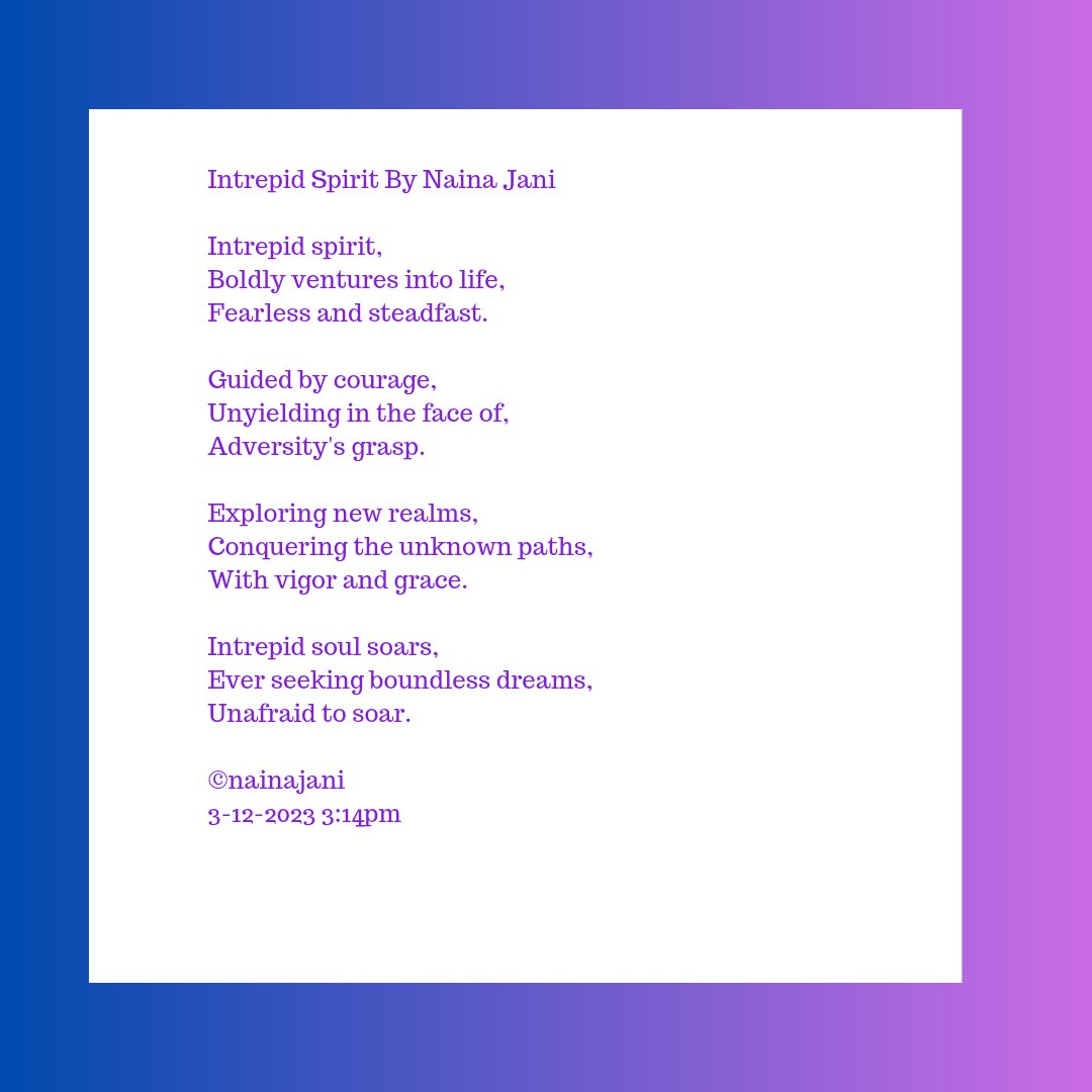 singletomingle's tweet image. #haikuchallenge, #intrepid, #haiku

Don't know if I posted this so,
Here it is and sorry for the delay.

Intrepid Spirit By Naina Jani