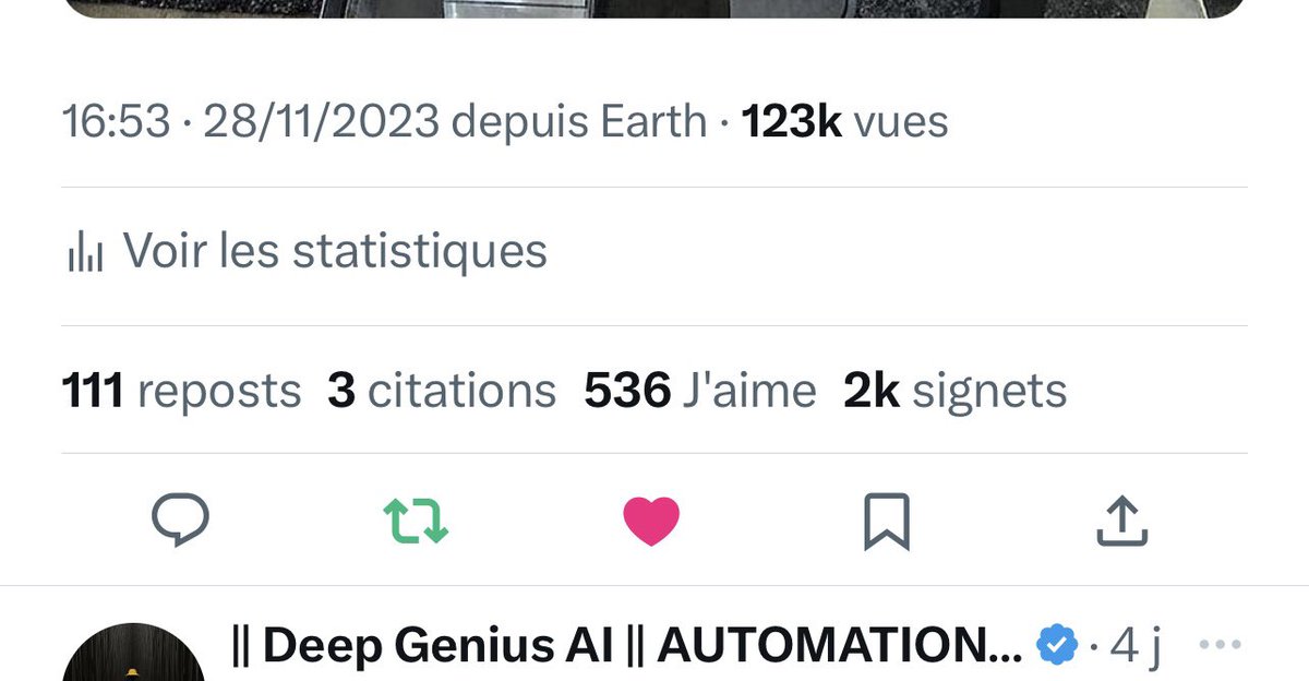 Deep_GeniusAi's tweet image. En une semaine, ma présence sur Twitter a généré 705 000 impressions
attirant 654 nouveaux followers et conduisant à la signature de 10 clients.
En 28 jours, j’ai eu 2 millions d'impressions, faisant passer mes abonnés de 1400 à 3593
Le tout en pilote automatique grâce à l’IA…