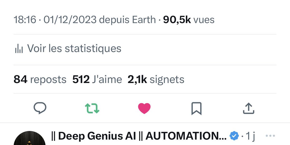 Deep_GeniusAi's tweet image. En une semaine, ma présence sur Twitter a généré 705 000 impressions
attirant 654 nouveaux followers et conduisant à la signature de 10 clients.
En 28 jours, j’ai eu 2 millions d'impressions, faisant passer mes abonnés de 1400 à 3593
Le tout en pilote automatique grâce à l’IA…