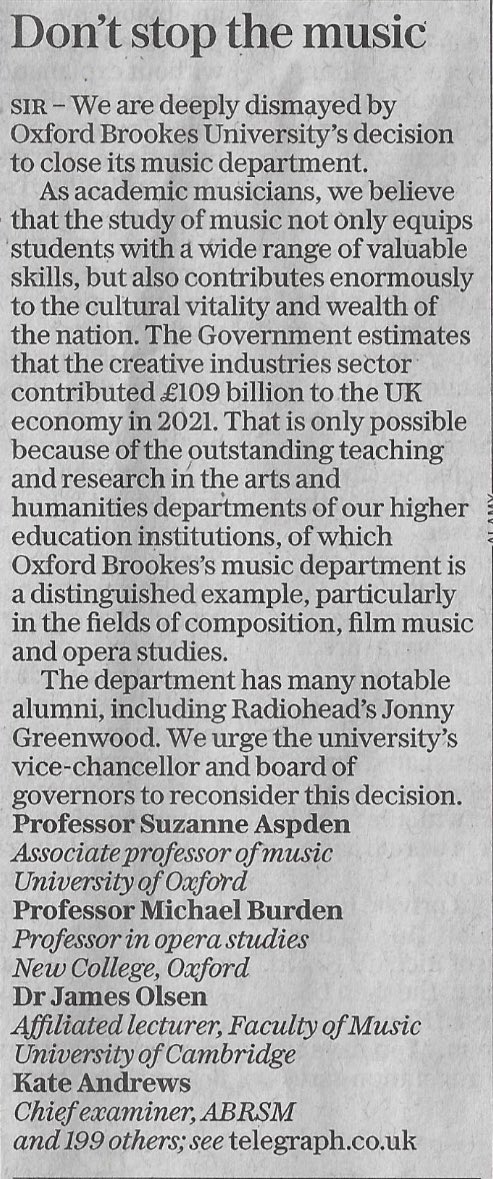 The Daily Telegraph has published a letter signed by 203 leading academics protesting against the closure of music <a href="/oxford_brookes/">Oxford Brookes University</a> . Thank you for your support! #savemusicatbrookes
On the <a href="/dailytelegraph/">The Daily Telegraph</a> website under "The end of music": telegraph.co.uk/opinion/2023/1…