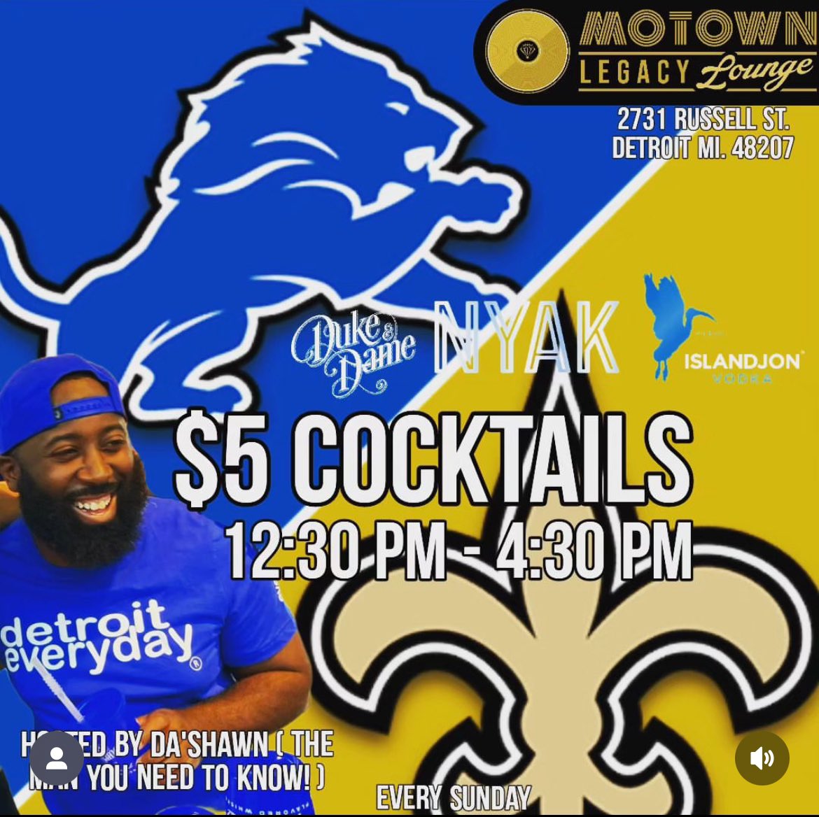 Come down to the Motown Legacy Lounge @motownlegacylounge
for Gametime Happy Hour with <a href="/iamdashawn87/">dashawn cooper</a> 
All @dukeanddamedetroit
@nyakcognac &amp; <a href="/islandjonvodka/">IslandJon Vodka</a> for $ 5 bucks!
@matts_mobilebar 

#football #Detroit  #detroitlions #detroitfootball #blackinaction #blackinthenewyear