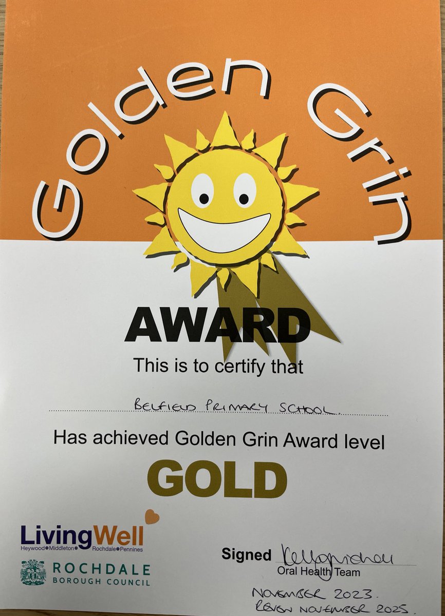 BelfieldPrimary's tweet photo. Well done to Nursery on helping school receive their Golden Grin certificate last week! Looking forward to seeing everyone’s smiles tomorrow 😀 #safeandaware https://t.co/ayxgSHXGFb