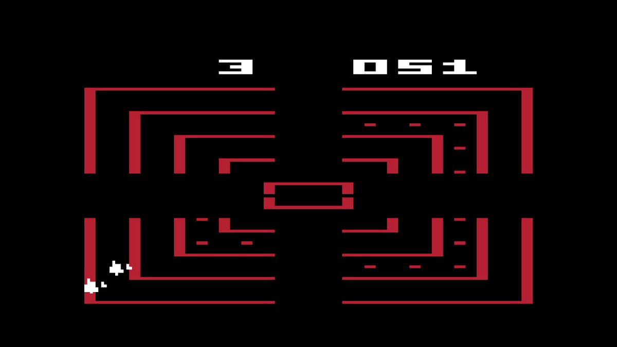KonrNoga's tweet photo. #DodgeEm (1980) na pierwszy rzut oka oferuje całkiem wciągający, wywołujący syndrom jeszcze jednej tury. Cel jest prosty, zebrać kropki i nie zderzyć się z przeciwnikiem. Szkoda, że tylko jeden ekran szybko się nudzi, a sterowanie dżojstikiem Atari frustruje. Graliście? https://t.co/URpMWjwkJw