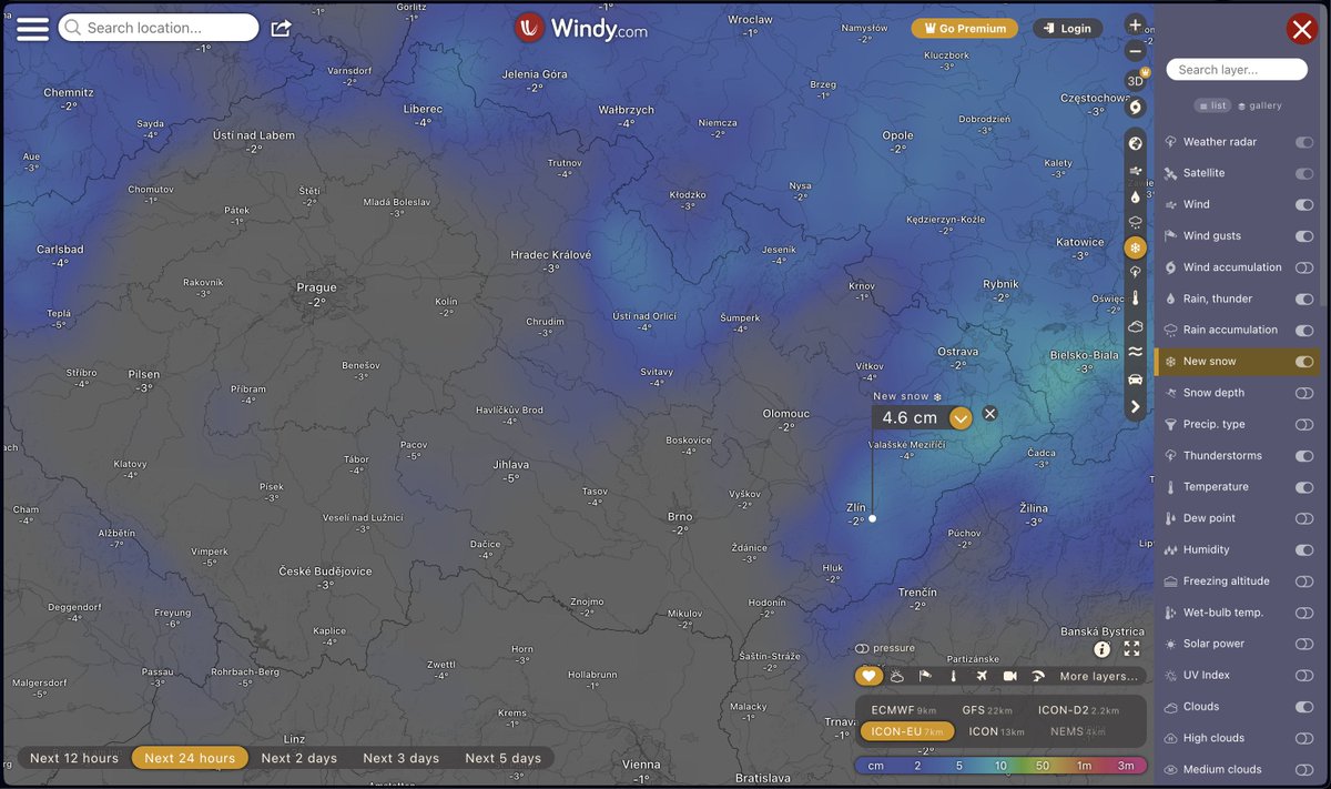 Ragnar521's tweet photo. Pro lidi z @LFAcze mám super tip. Díky @Windycom si můžete zvolit vrstvu "New snow" a vybrat si časový údaj předpovědi. Například příštích 24 hodin. Pak už se stačí podívat na místo na mapě. A je to zadarmo! https://t.co/2g2GA8bDeY