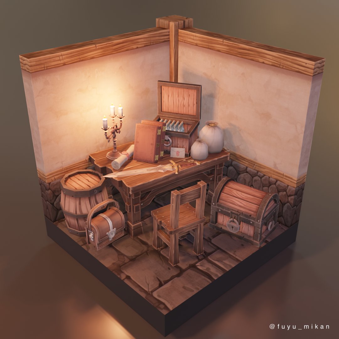 「ひとまず完成!冒険者の一室的なイメージ。 #3D #blender #isome」|FUYUMIKANのイラスト