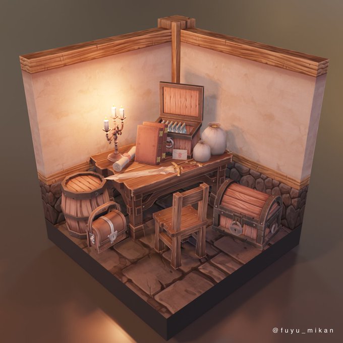 ひとまず完成!冒険者の一室的なイメージ。 #3D #blender #isometricart
