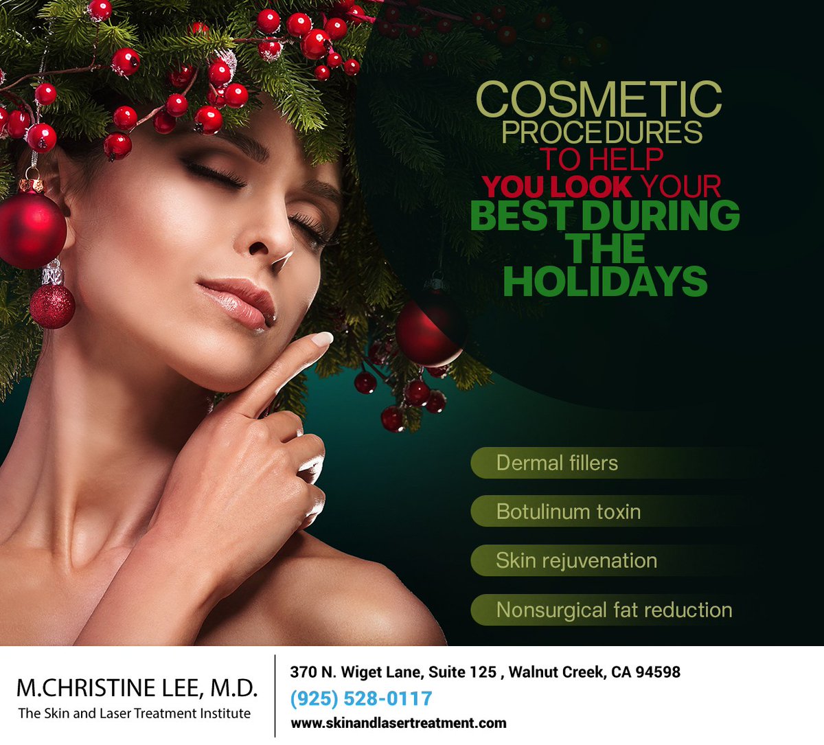 Look your best all season long with a variety of cosmetic procedures available at The Skin and Laser Treatment Institute. Schedule a visit and discover the ultimate holiday glow. #skincare #dermatology #beauty #cosmeticprocedures #holidayglow #walnutcreek #skinandlasertreatment