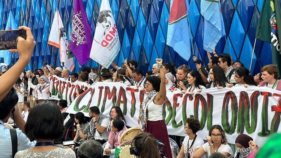IENearth's tweet photo. Happening now inside Expo City at #COP28UAE 

CEASEFIRE NOW! #FreePalestine: an authorized cross-movement action in solidarity with Palestinian relatives!

END ENVIRONMENTAL APARTHEID❗️
END GENOCIDE❗️

We demand a human rights be protected!

#Demilitarize #Detoxify #Decriminalize https://t.co/OpP5LrnJbF