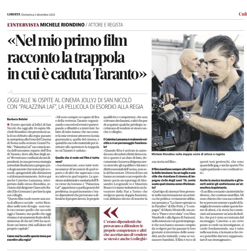 Oggi alle 16,00 MICHELE RIONDINO presenterà al Pubblico il suo film PALAZZINA LAF.  La cassa aprirà alle 15,15.
Grazie a #barbarabelzini per la bellissima intervista su libertà
@BarbaraBelzini 
@BimFilm