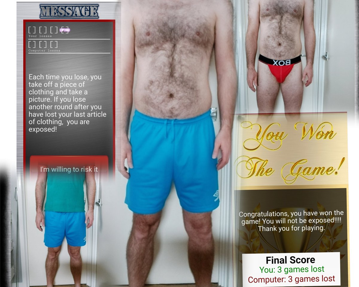 justshinyshorts's tweet photo. Thankfully I beat #Battlestrip #Exposure challenge this week. Good job too, it would have been embarrassing 🍆!
Try the game here https://t.co/N7zntNPkgn
#stripgames #losersgetnaked #exposed #pantsdown #nakedhumiliation #ENM #gay https://t.co/0V5dd9pbcE
