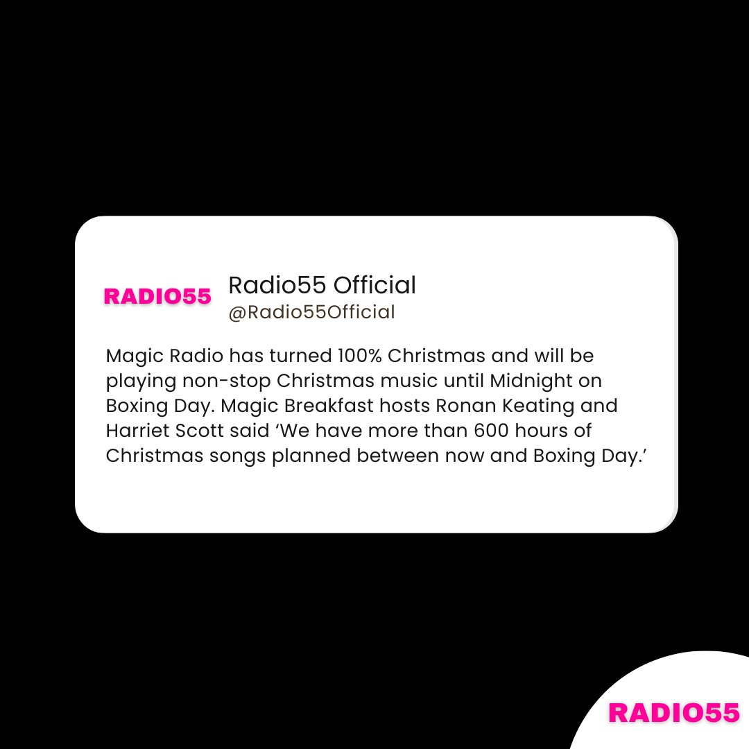 Radio55Official's tweet image. .@magicfm's turned 100% Christmas and will be playing non-stop Christmas music until 26 December.

#MagicFM #MagicRadio #MagicChristmas #Magic #Radio #RadioNews #Music #ChristmasMusic #Christmas