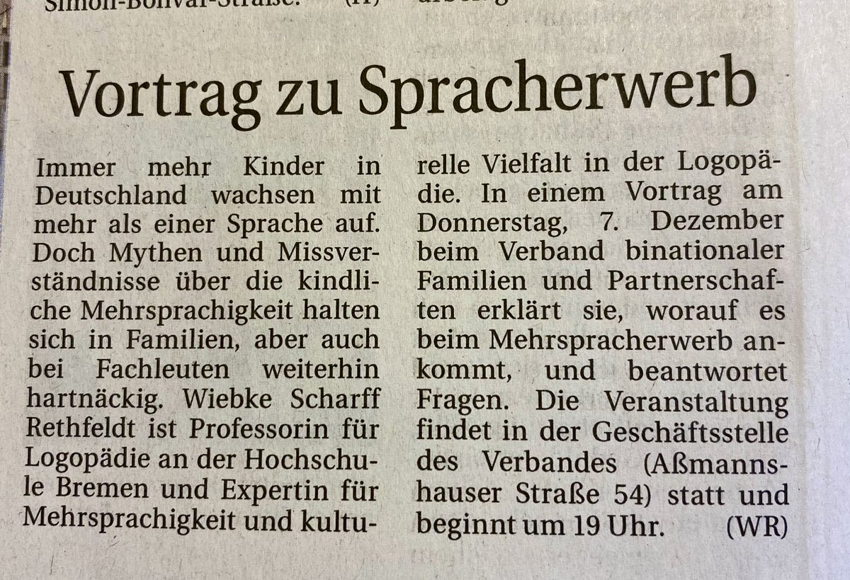 LogoHSB (@hsb_logo_atw) on Twitter photo »Wie kann der Mehrspracherwerb gelingen - trotz vieler Hemmnisse?«
Vortrag und Diskussion mit Prof <a href="/W_Scharff/">W Scharff Rethfeldt 🕊</a> von der @HSBremen für Eltern und Interessierte am 7.12. in #Bremen kostenlos! Info binational-bremen.de/veranstaltunge… #Mehrsprachigkeit #Logopädie <a href="/weserreport/">Weser Report</a> »Wie kann der Mehrspracherwerb gelingen - trotz vieler Hemmnisse?«
Vortrag und Diskussion mit Prof <a href="/W_Scharff/">W Scharff Rethfeldt 🕊</a> von der @HSBremen für Eltern und Interessierte am 7.12. in #Bremen kostenlos! Info binational-bremen.de/veranstaltunge… #Mehrsprachigkeit #Logopädie <a href="/weserreport/">Weser Report</a>