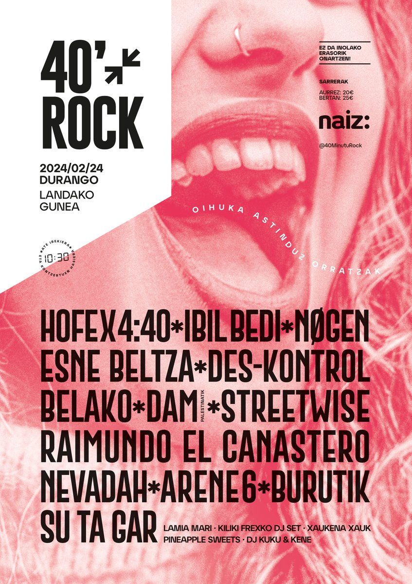 Hemen da, 40 Minutu Rock-eko kartela!

Otsailaren 24an, musikak eta elkartasunak berriz ere bat egingo dute euskal presoen aldeko jaialdi erraldoi honetan.

🎟 Online sarrerak: labur.eus/40minuturock20…

Sarrera fisikoak, laster

#40minutuRock
#OihukaAstinduzOrratzak 
#DenakEtxera