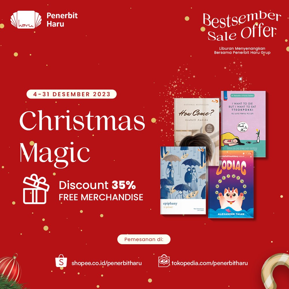 penerbitharu's tweet image. BestSember Sale Offer Penerbit Haru Grup 🎄🎁

•December Book Party Disc Up to 75%
•Suprise Santa Gift Disc Up To 23% Free Book
•Christmas Magic Disc 35% Free Merch
•Super Dealsember Serba 75RIBU!

Berlaku di Shopee &amp;amp; Tokopedia

Cek utasan ini untuk informasi lengkapnya 😉
